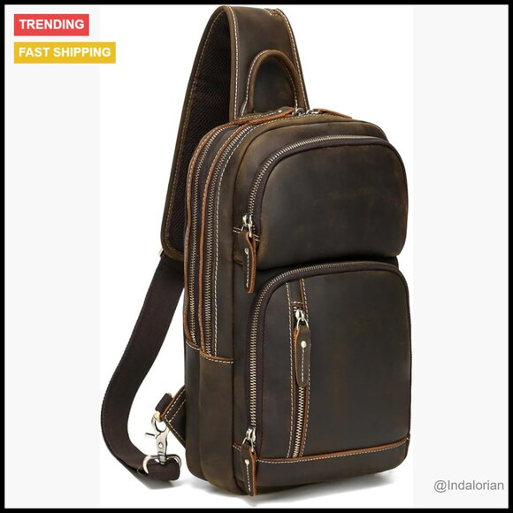 Full Grain Leather Sling Bag Crossbody Chest Daypack Retro Vintage Elegant